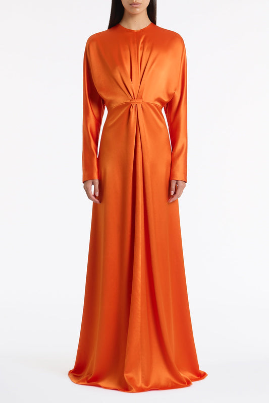 Image of Dresses. Product name - Clementine Satin Acetate Draped Soft Sleeve Dress in Orange colour by brand - Carla Zampatti