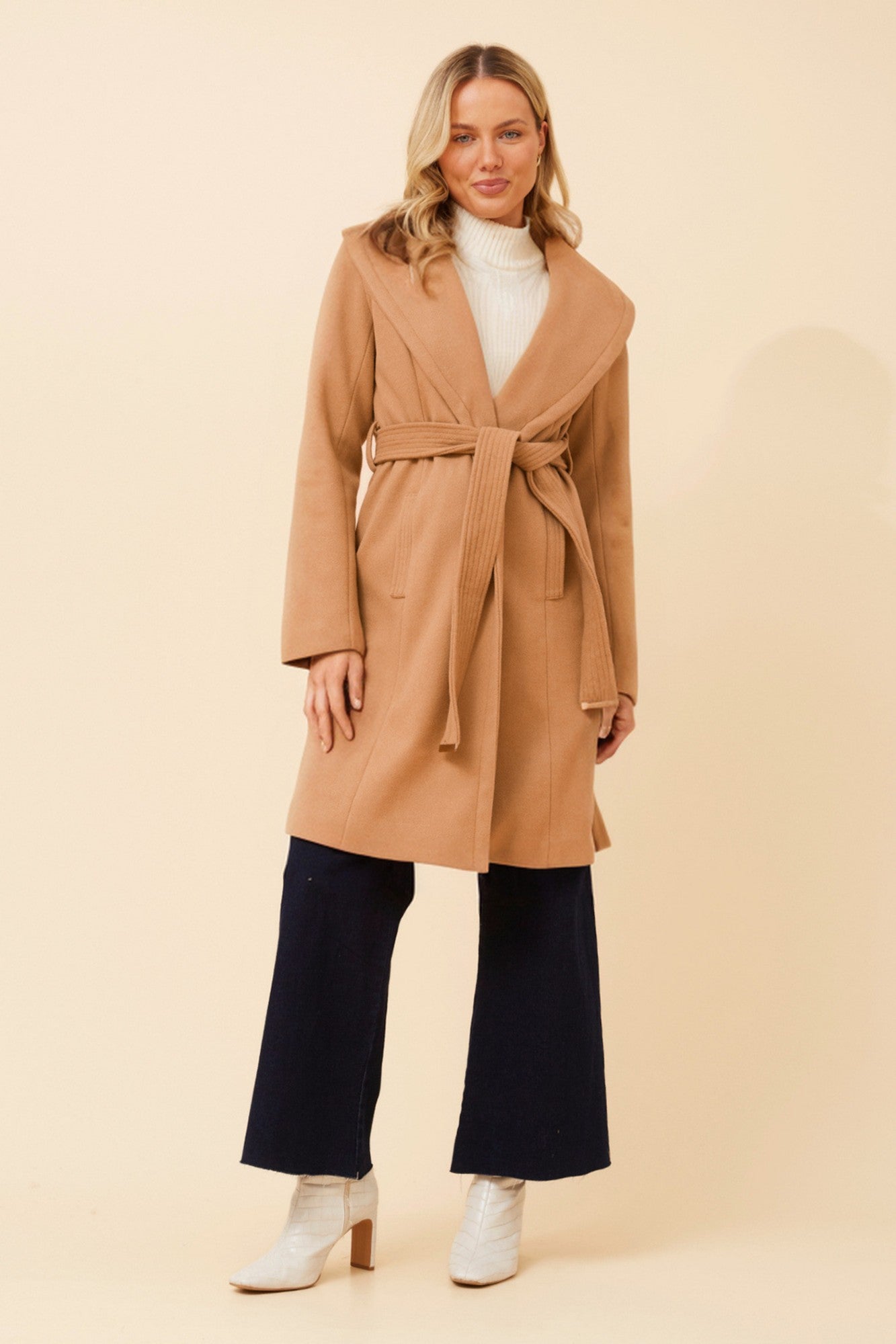 Image of Scarves & Shawls. Product name - BRIDGET SHAWL COLLAR COAT in Latte colour by brand - Caroline Morgan Australia