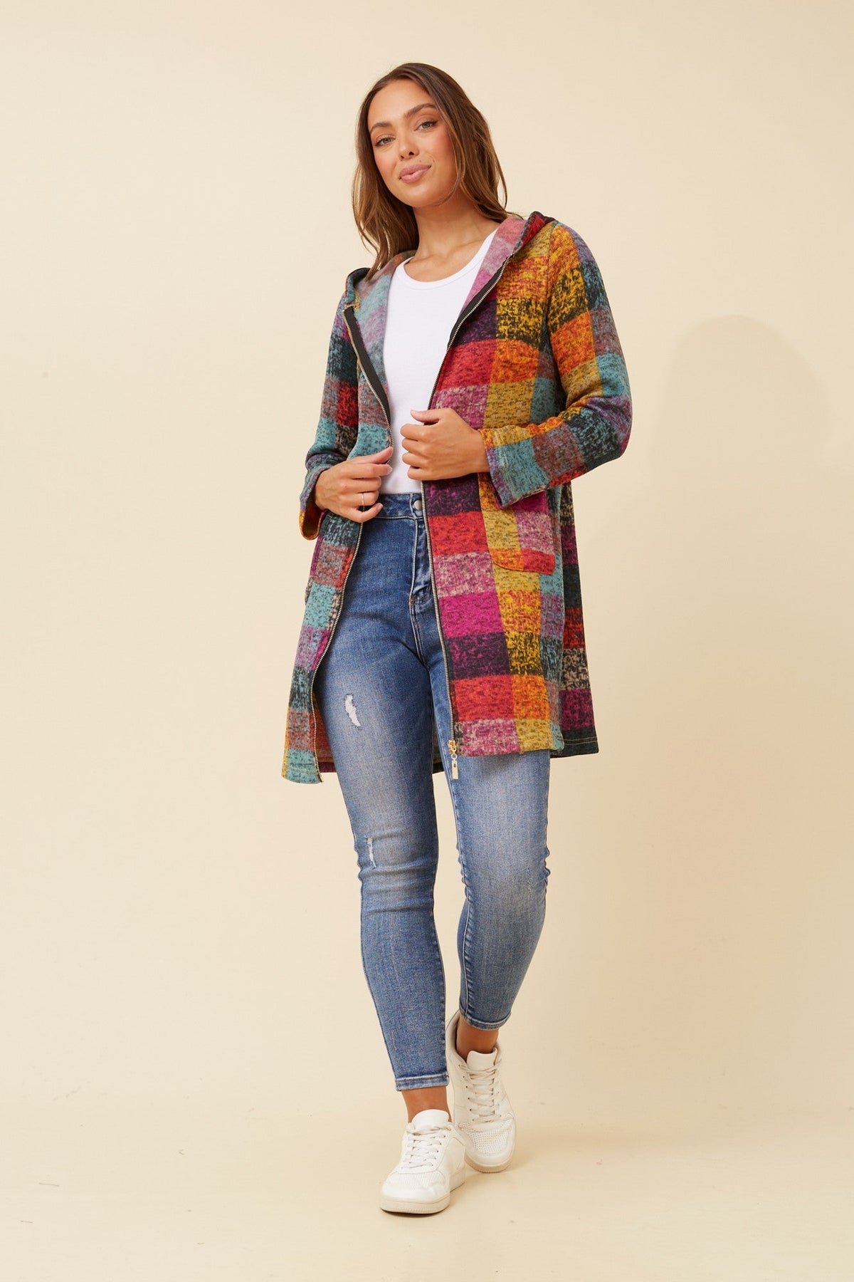 Image of a model wearing Outerwear. Product name - GYPSY CHECK PRINT COAT in Multi Color colour by brand - Caroline Morgan Australia