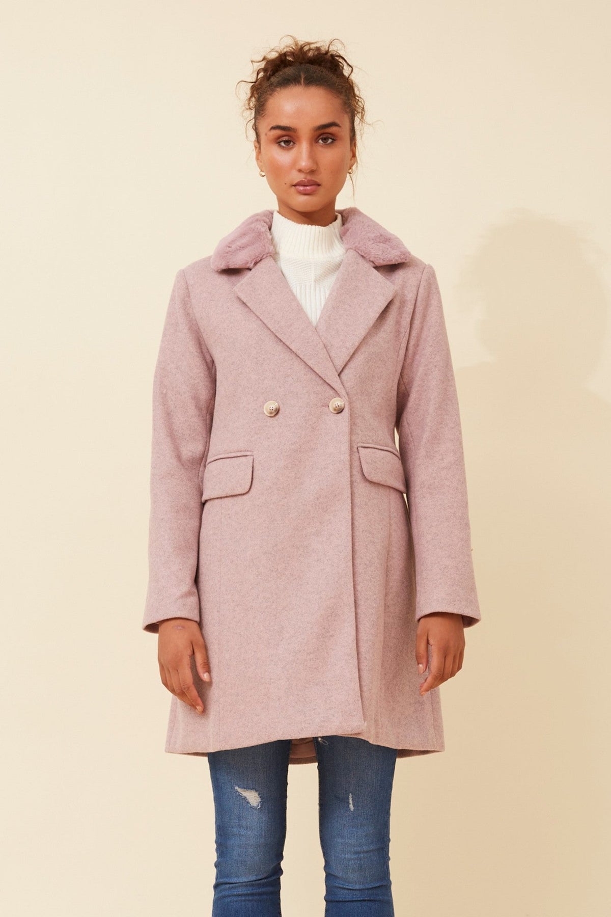 THALIA FAUX FUR TRIM COAT (Pink Marl)