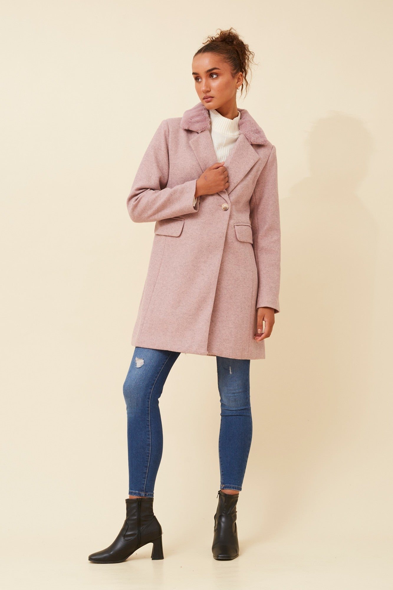 THALIA FAUX FUR TRIM COAT (Pink Marl)