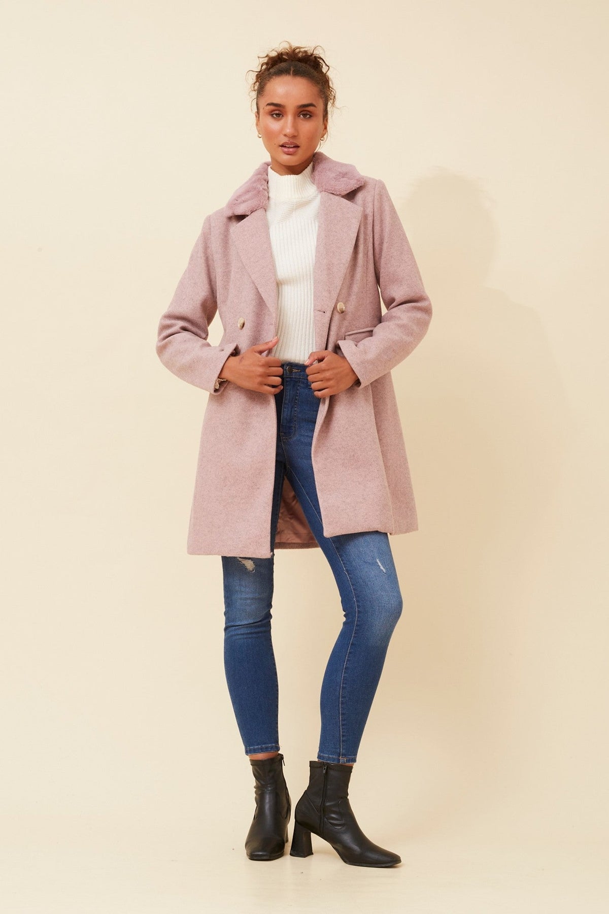 THALIA FAUX FUR TRIM COAT (Pink Marl)
