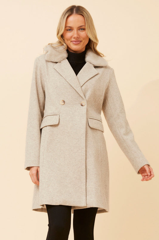 Image of a model wearing Outerwear. Product name - THALIA FAUX FUR TRIM COAT in Pink Marl colour by brand - Caroline Morgan Australia