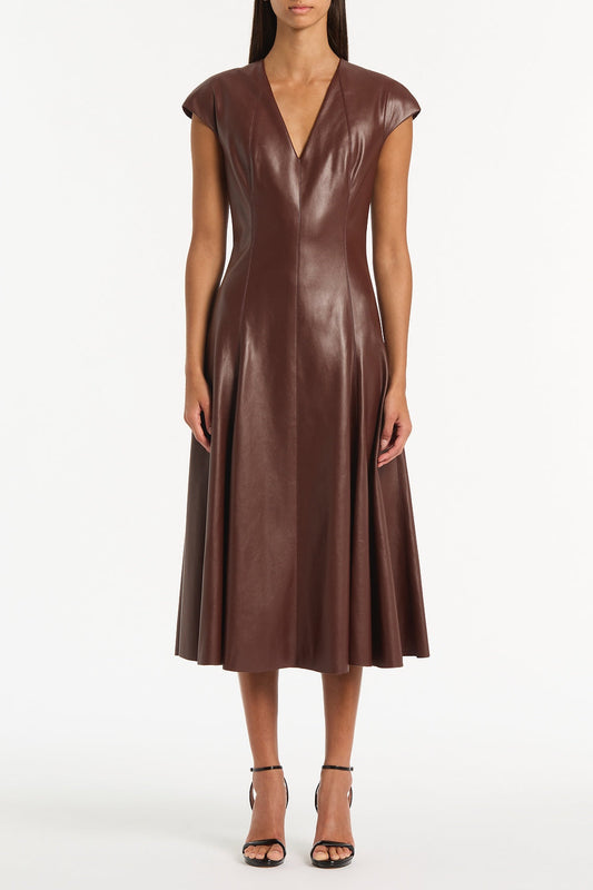 Image of Dresses. Product name - Cocoa Faux Leather Panel Dress in Brown colour by brand - Carla Zampatti