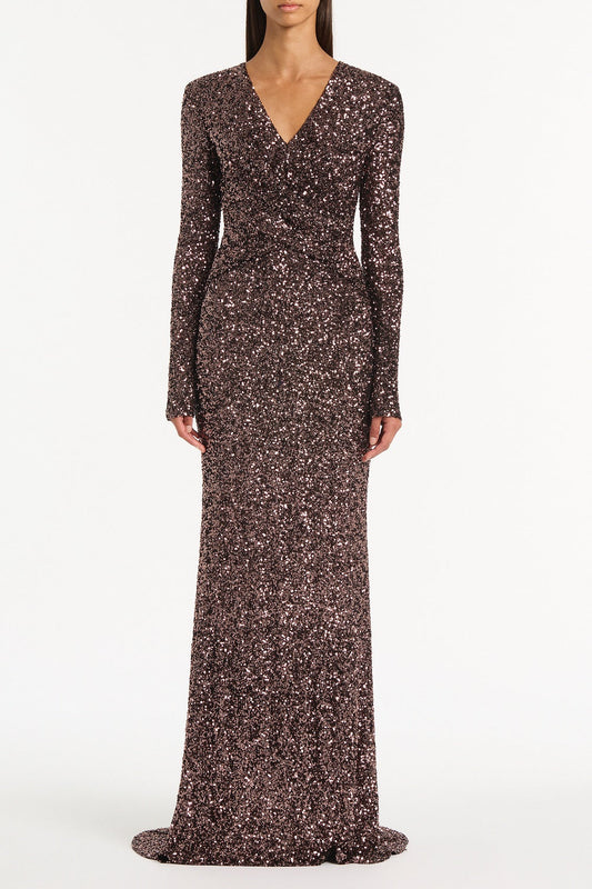 Image of Dresses. Product name - Copper Sequin Twist Front Gown in Bronze colour by brand - Carla Zampatti