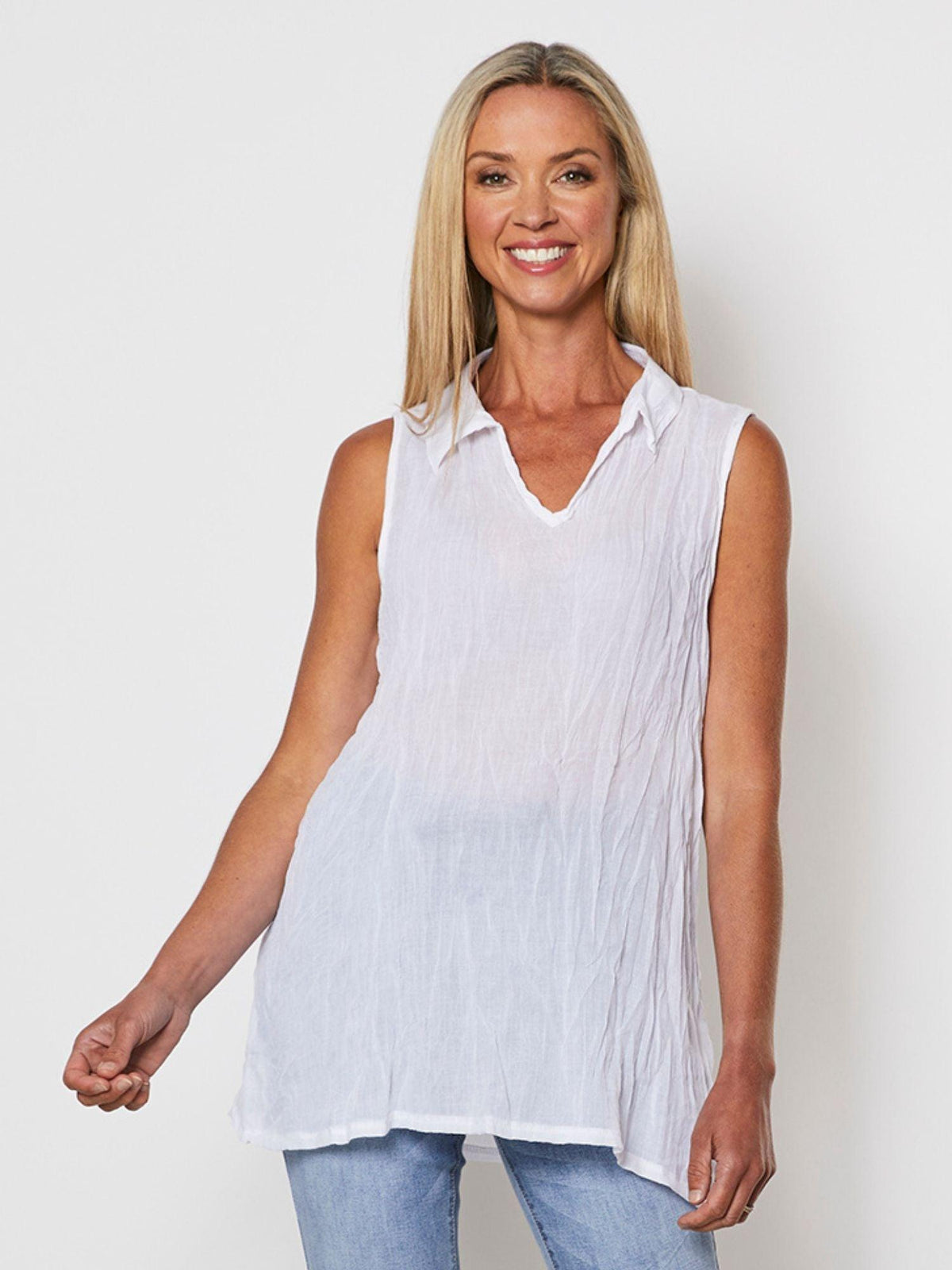 Image of Shirts. Product name - Sleeveless Crushed Shirt White in White colour by brand - Threadz