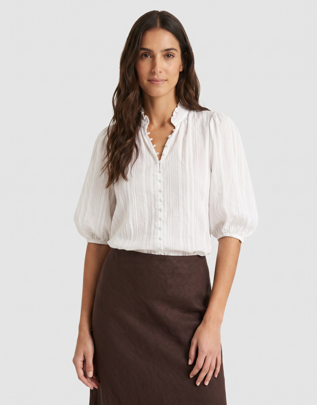 Ivy & Jack Continuance Self Stripe Button Through Mid Sleeve Top (Ivory)