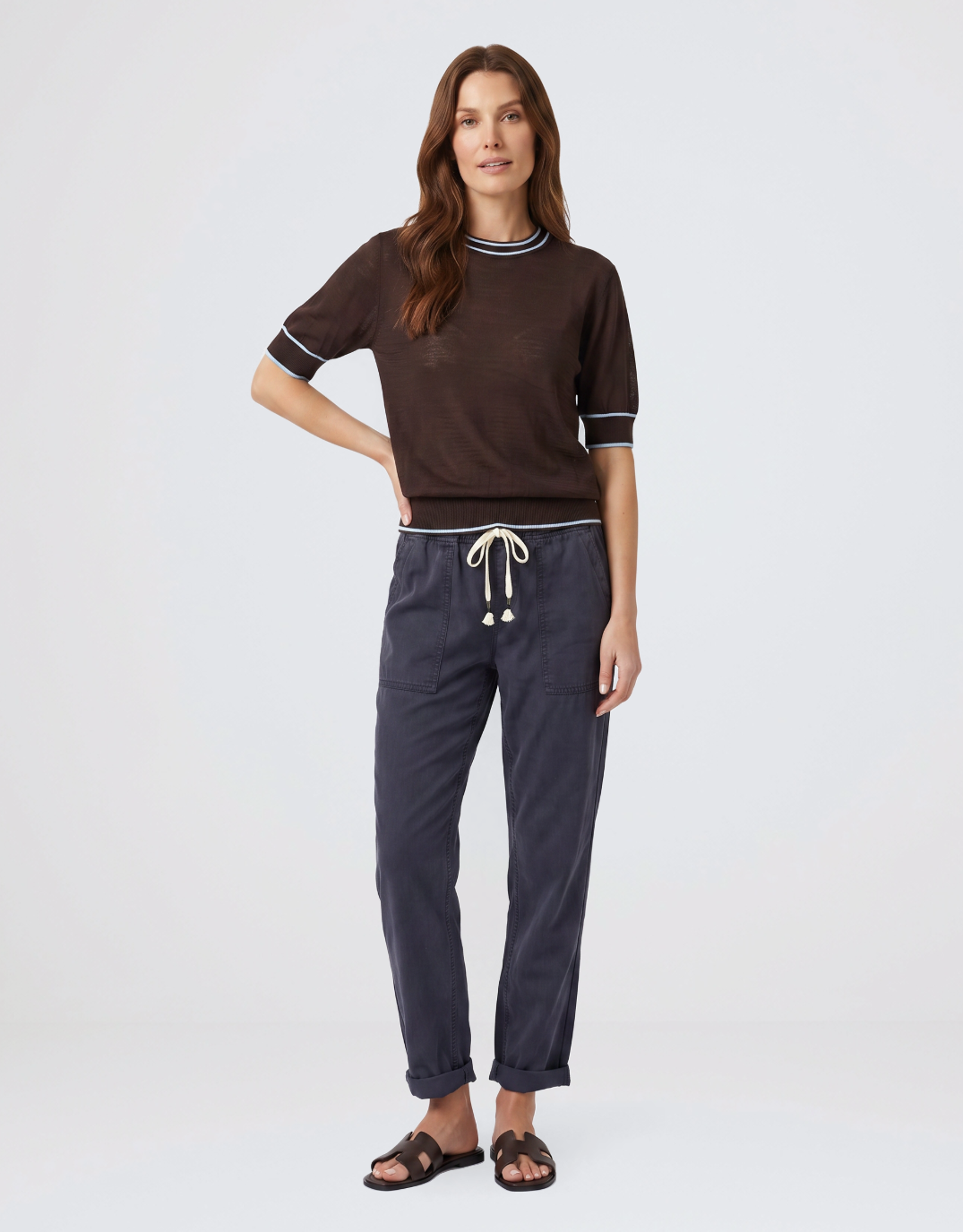 Urban Luxury Contrast Trim Knit Top (Choc/Blue)