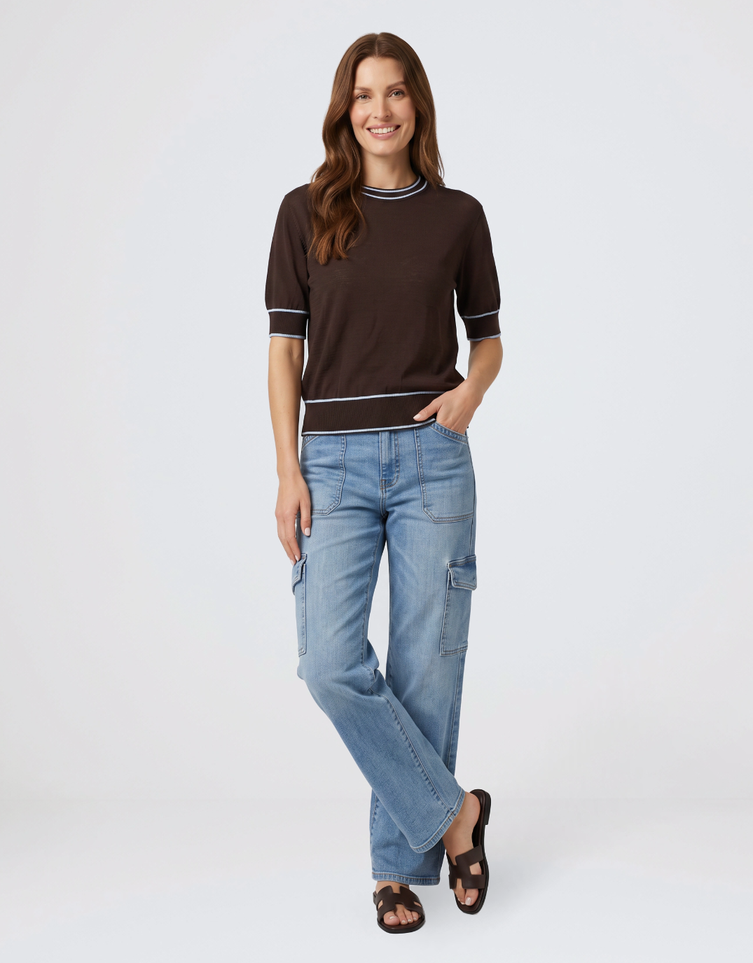 Urban Luxury Contrast Trim Knit Top (Choc/Blue)