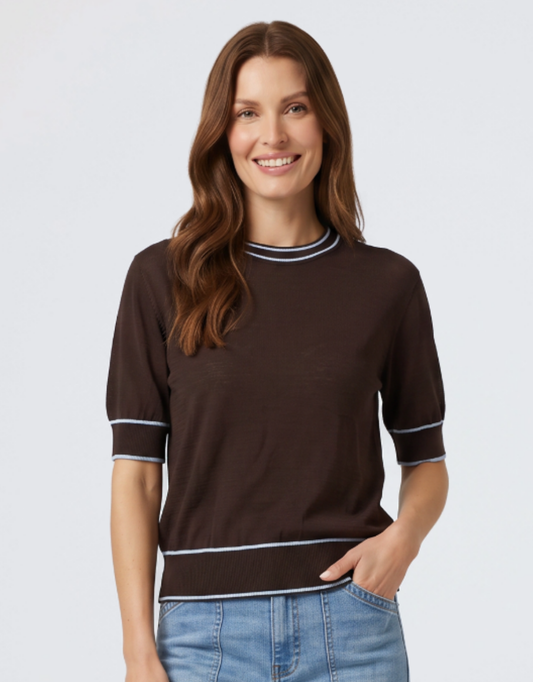Image of a model wearing Outerwear. Product name - Contrast Trim Knit Top Choc/Blue in Choc/Blue colour by brand - Urban Luxury