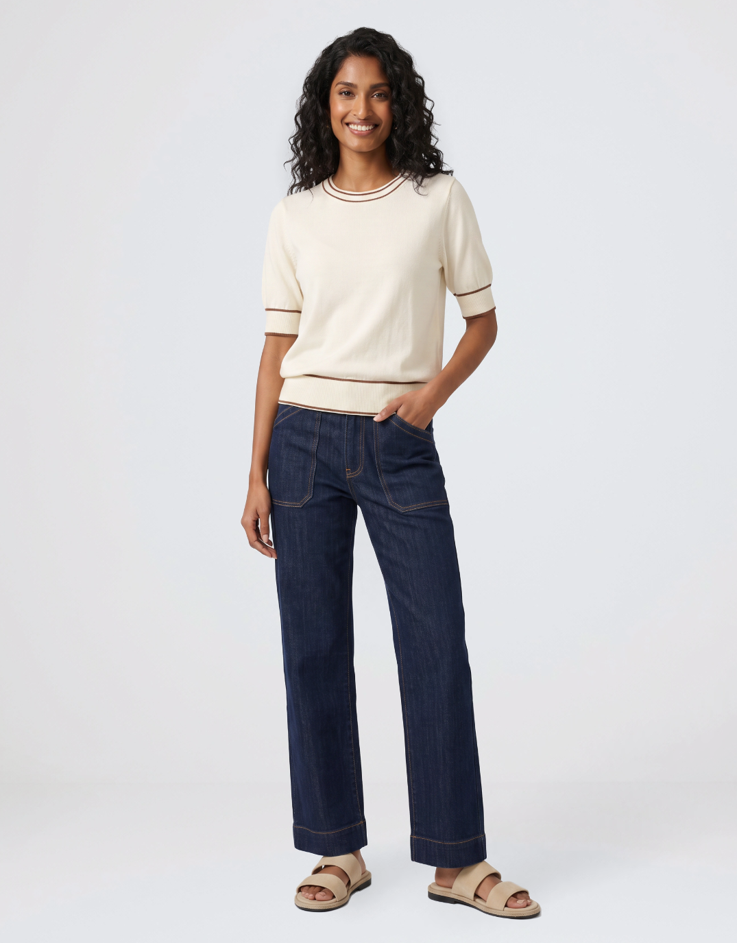 Urban Luxury Contrast Trim Knit Top (Cream/Caramel)