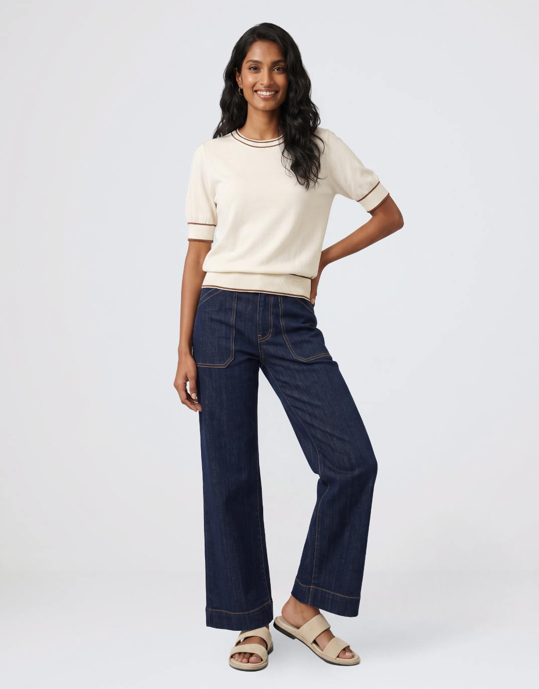Urban Luxury Contrast Trim Knit Top (Cream/Caramel)