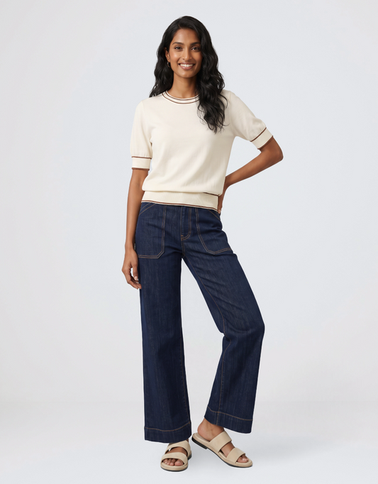 Urban Luxury Contrast Trim Knit Top (Cream/Caramel)