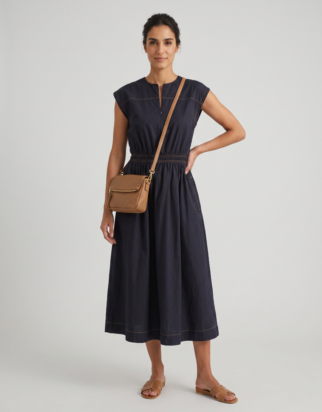 Image of Dresses. Product name - Cooper Contrast Stitch Dress Navy/Tan in Navy/Tan colour by brand - 365 Days