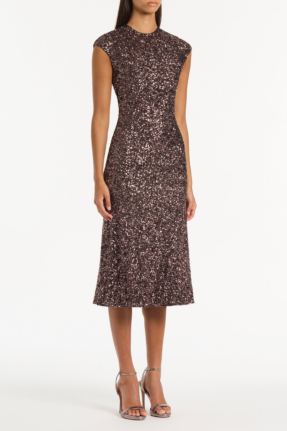 Carla Zampatti Copper Sequin Fluted Midi Dress (Bronze)