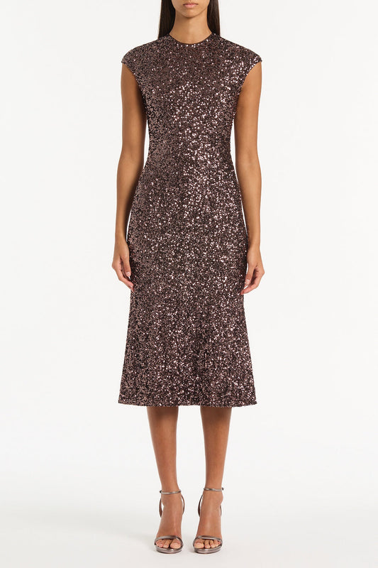 Image of Dresses. Product name - Copper Sequin Fluted Midi Dress in Bronze colour by brand - Carla Zampatti