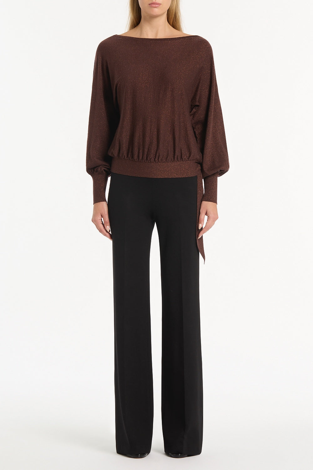 Image of a model wearing Tops. Product name - Copper Tie Knit Top in Brown colour by brand - Carla Zampatti