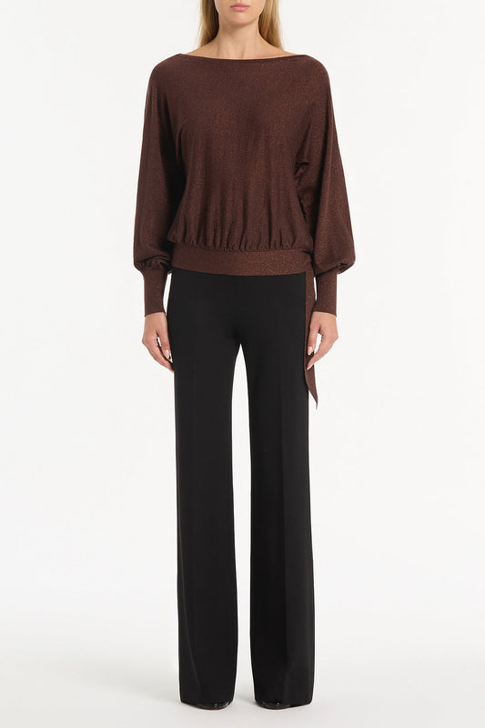 Image of a model wearing Tops. Product name - Copper Tie Knit Top in Brown colour by brand - Carla Zampatti