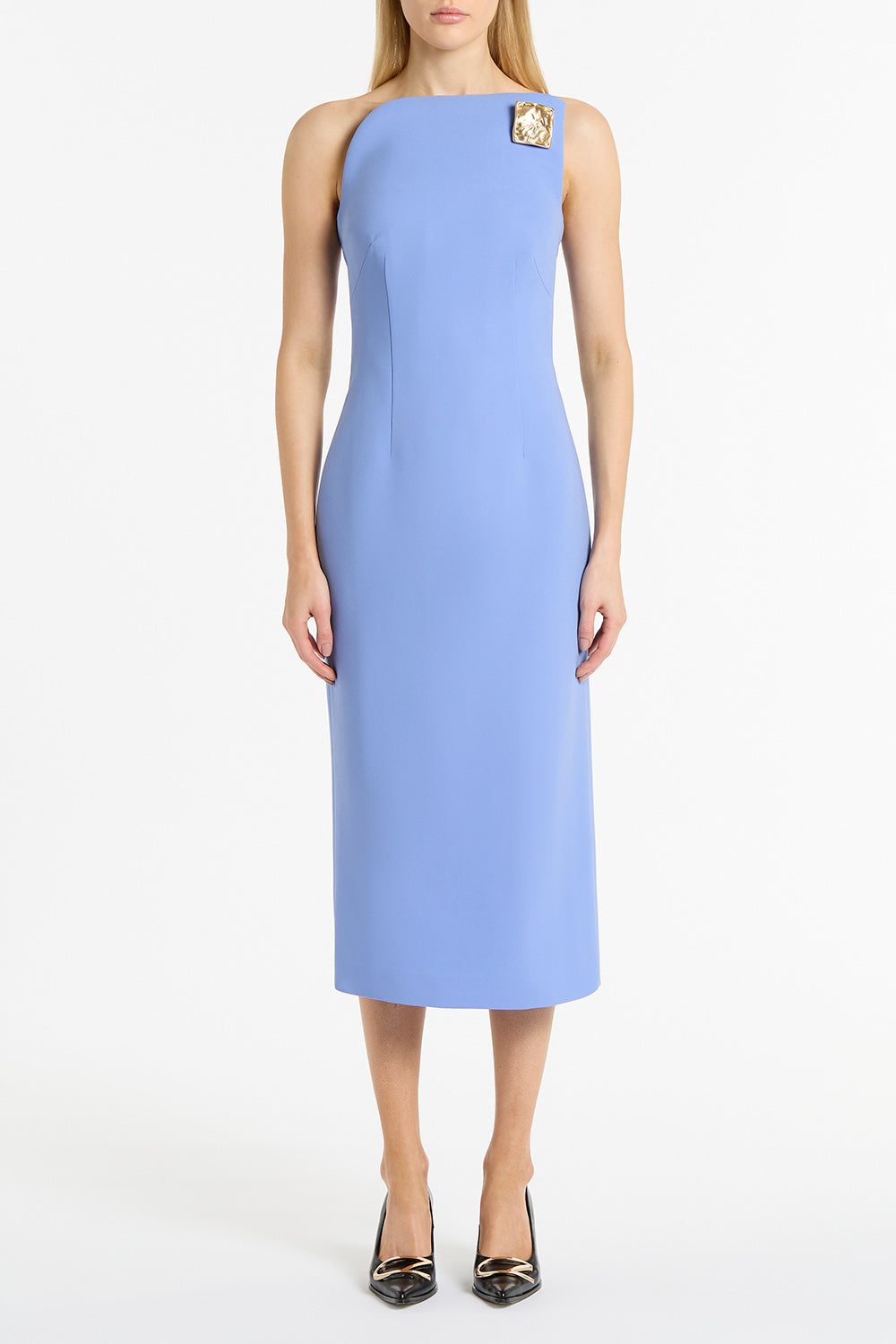 Image of Dresses. Product name - Cornflower Crepe Asymmetric Dress in Blue colour by brand - Carla Zampatti