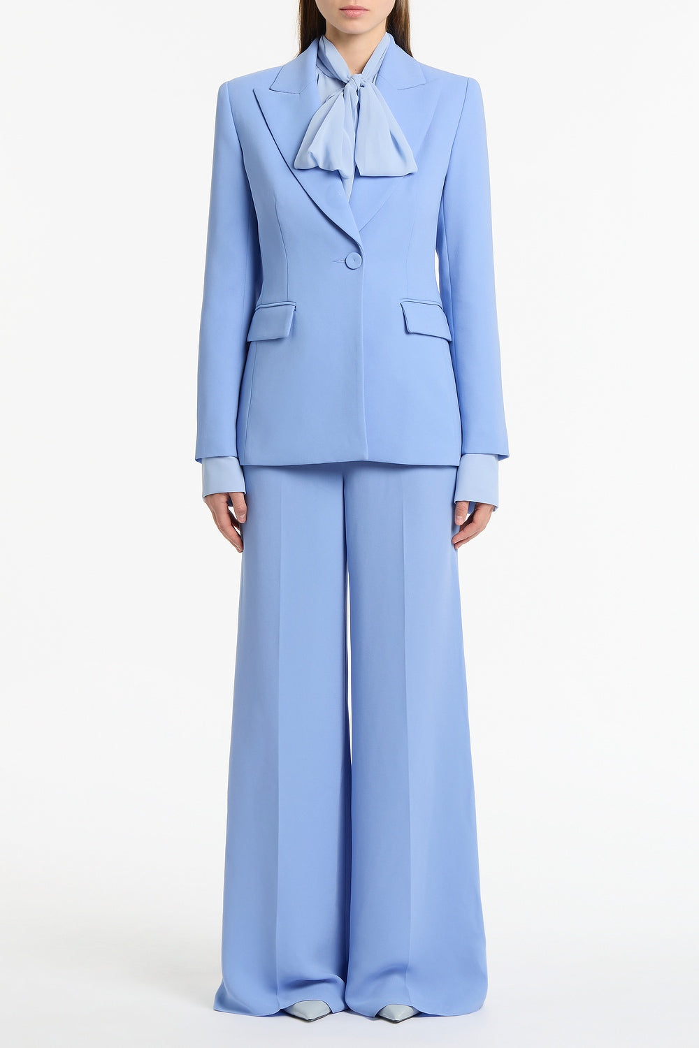 Image of Coats & Jackets. Product name - Cornflower Crepe Long Line Jacket in Blue colour by brand - Carla Zampatti