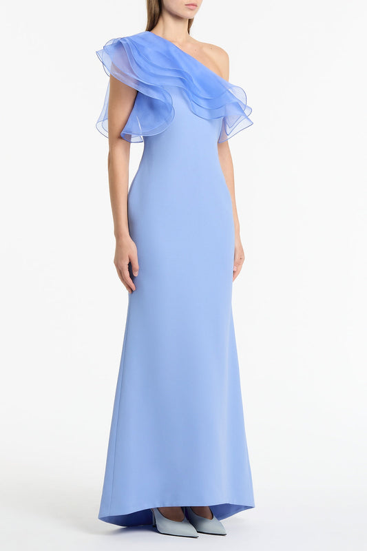 Carla Zampatti Cornflower Crepe One Shoulder Organza Ruffle Gown (Blue)