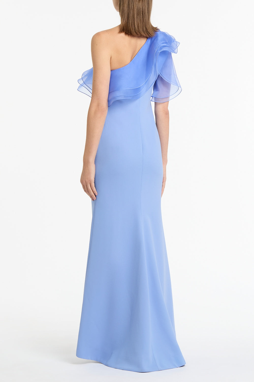 Carla Zampatti Cornflower Crepe One Shoulder Organza Ruffle Gown (Blue)