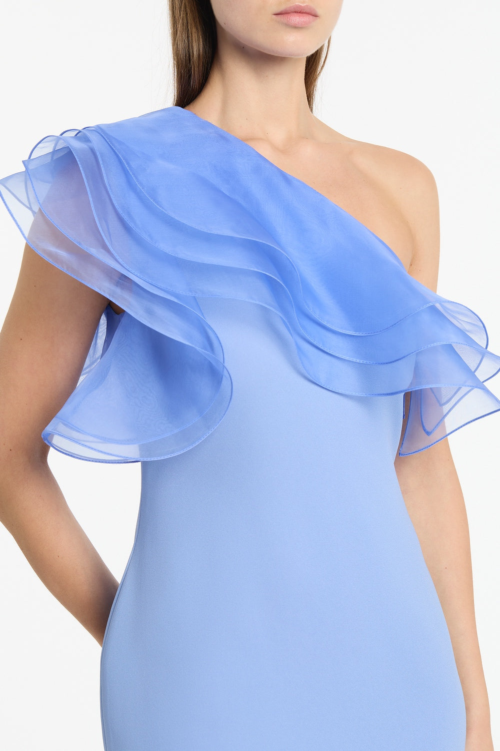 Carla Zampatti Cornflower Crepe One Shoulder Organza Ruffle Gown (Blue)