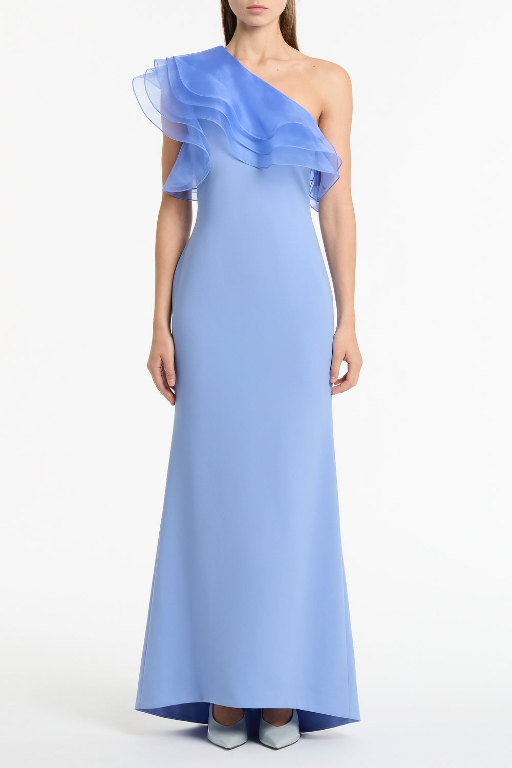 Image of Dresses. Product name - Cornflower Crepe One Shoulder Organza Ruffle Gown in Blue colour by brand - Carla Zampatti