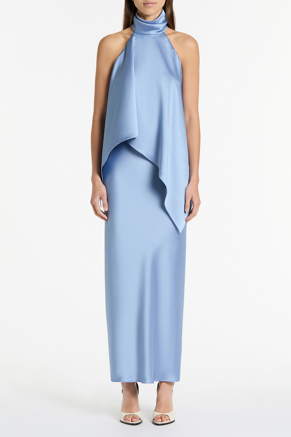 Image of a model wearing Skirts. Product name - Cornflower Satin Bias Skirt in Blue colour by brand - Carla Zampatti