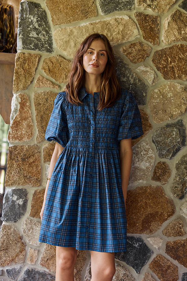 Image of Dresses. Product name - Cowgirl Surfer Parquet Shirred Dress Blue in Blue colour by brand - Cowgirl Surfer