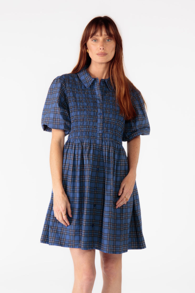 Cowgirl Surfer Parquet Shirred Dress (Blue)