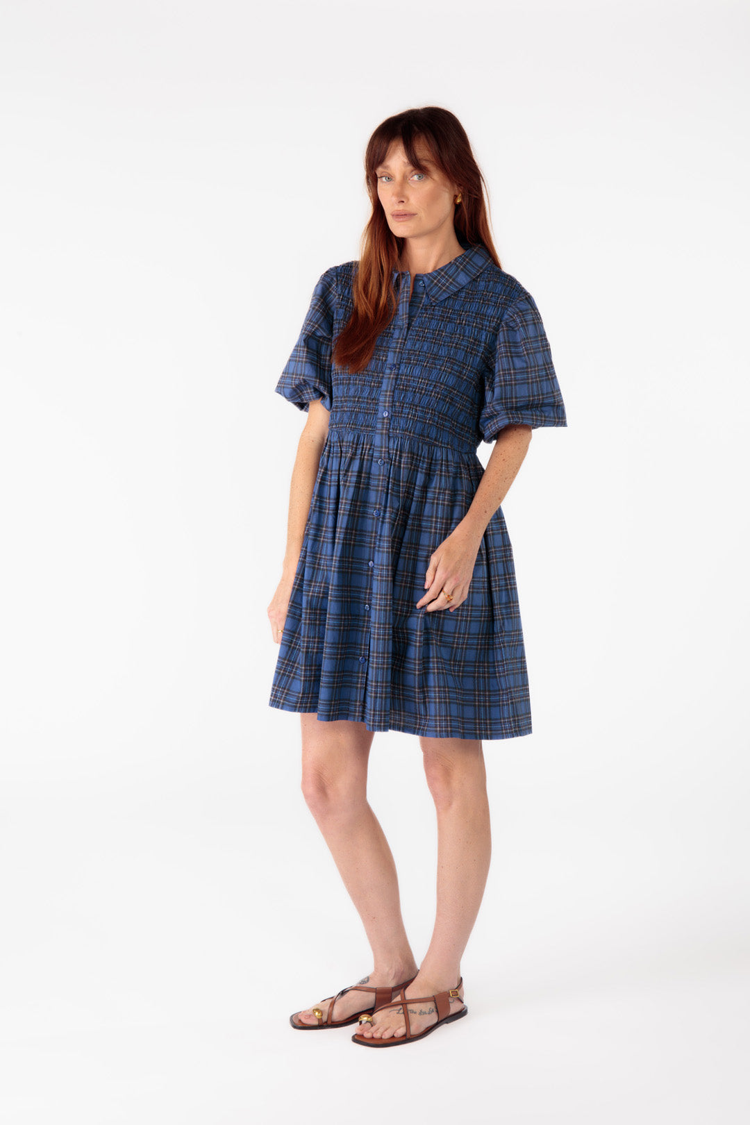 Cowgirl Surfer Parquet Shirred Dress (Blue)