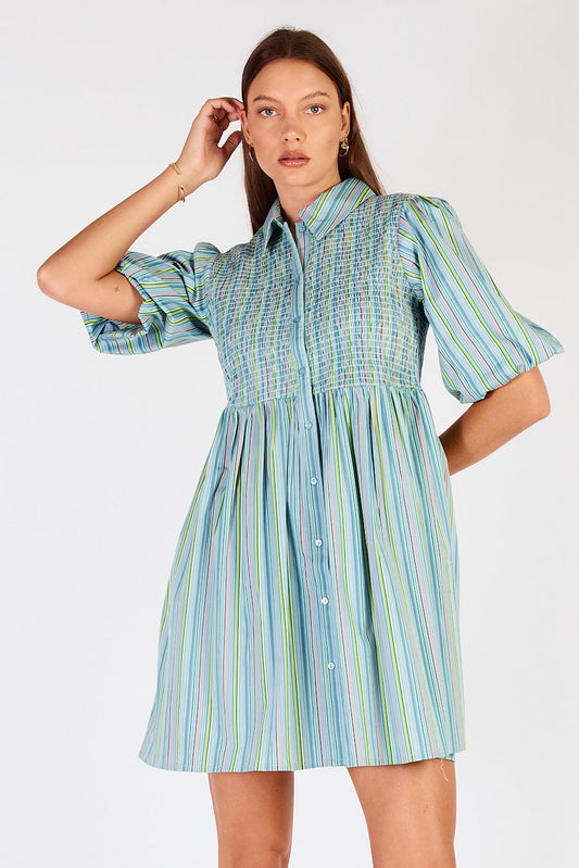 Image of Dresses. Productname: Cowgirl Surfer Pastille Shirred Mini Blue in Blue colour by brand - Cowgirl Surfer