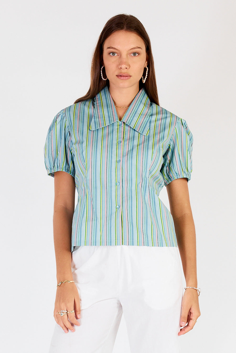 Image of a model wearing Tops. Productname: Cowgirl Surfer Pastille Top Blue in Blue colour by brand - Cowgirl Surfer