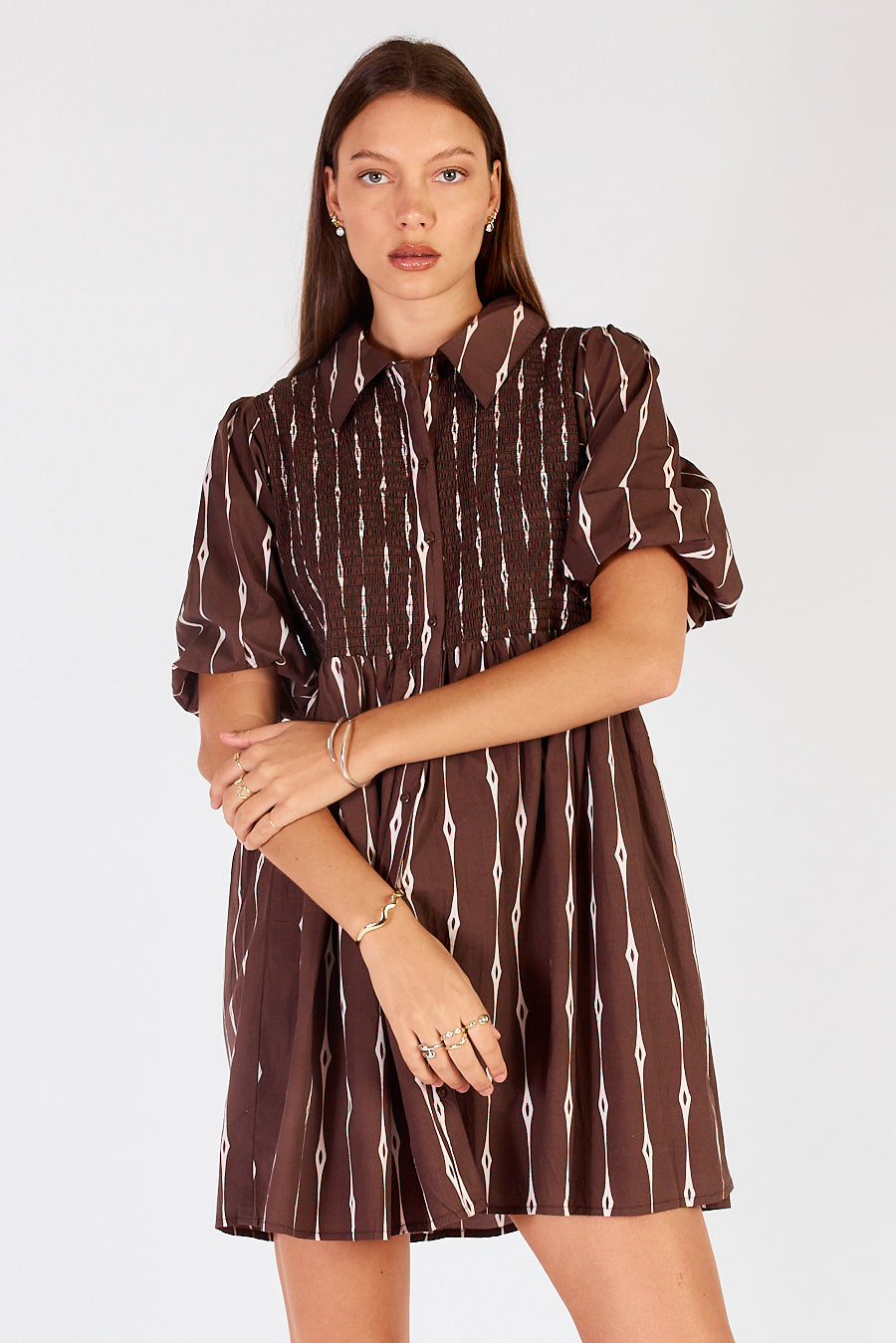 Image of Dresses. Productname: Cowgirl Surfer Taccia Shirred Mini Chocolate in Red colour by brand - Cowgirl Surfer