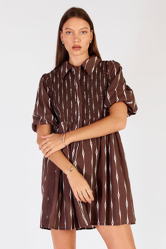 Image of Dresses. Productname: Cowgirl Surfer Taccia Shirred Mini Chocolate in Red colour by brand - Cowgirl Surfer