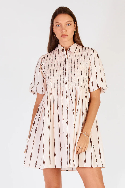 Image of Dresses. Product name - Cowgirl Surfer Taccia Shirred Mini Cream in Cream colour by brand - Cowgirl Surfer