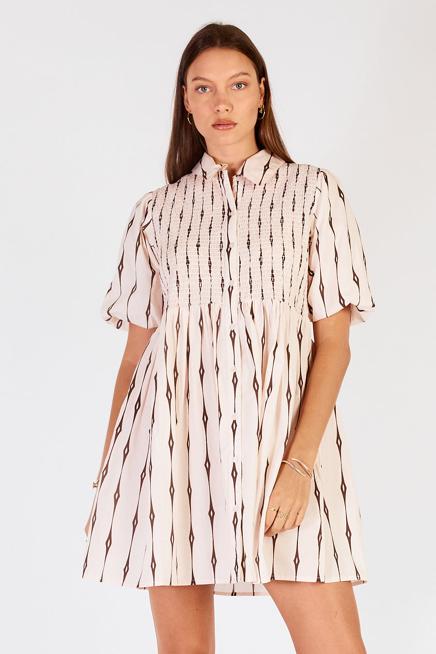 Image of Dresses. Product name - Cowgirl Surfer Taccia Shirred Mini Cream in Cream colour by brand - Cowgirl Surfer