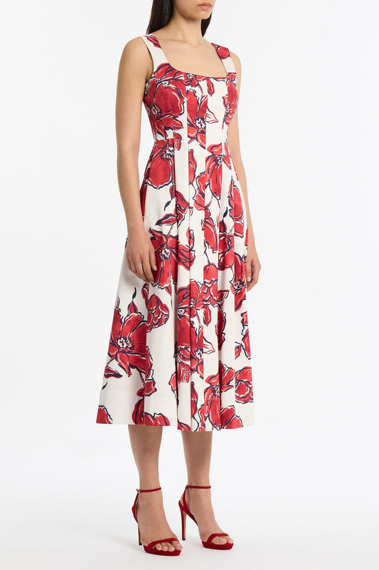 Carla Zampatti Crimson Bouquet Sateen Panelled Midi Dress (Red)