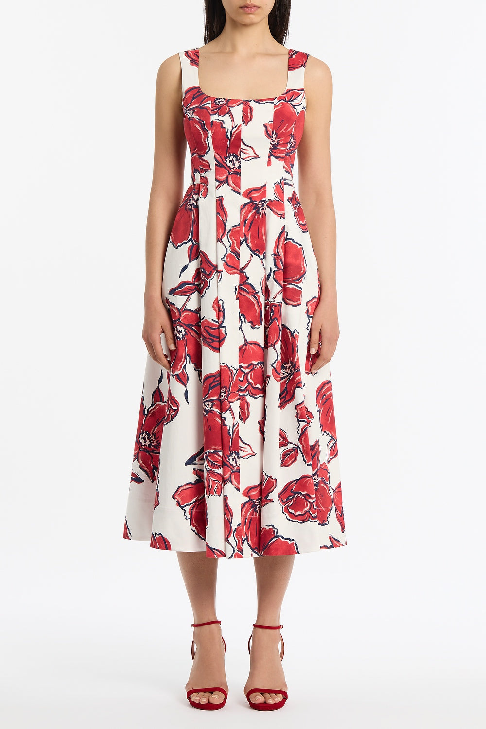 Image of Dresses. Product name - Crimson Bouquet Sateen Panelled Midi Dress in Red colour by brand - Carla Zampatti
