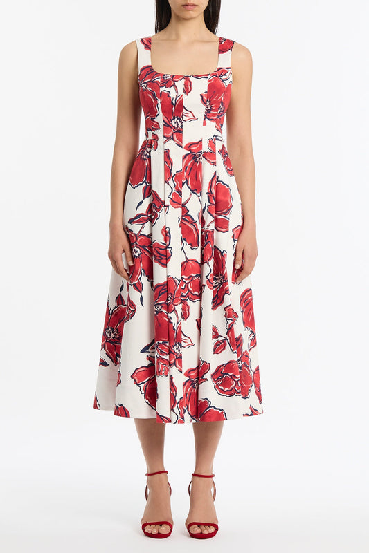 Image of Dresses. Product name - Crimson Bouquet Sateen Panelled Midi Dress in Red colour by brand - Carla Zampatti