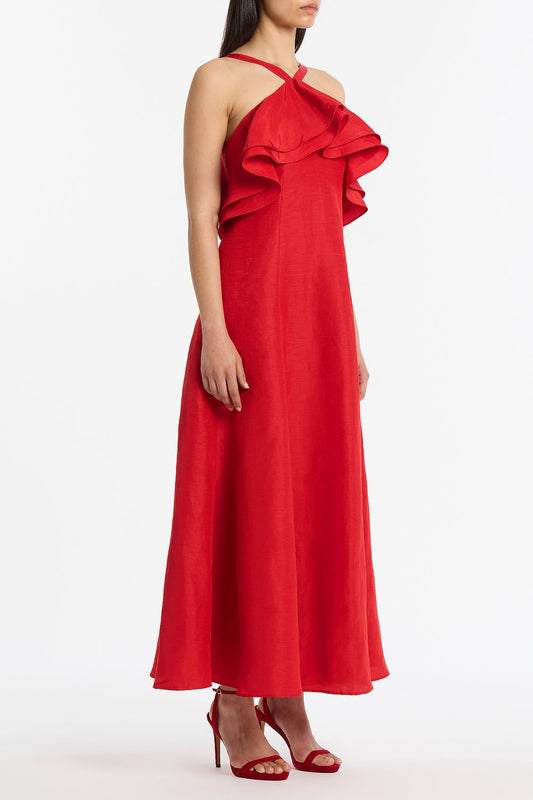 Carla Zampatti Crimson Linen Blend Frill Maxi Dress (Red)