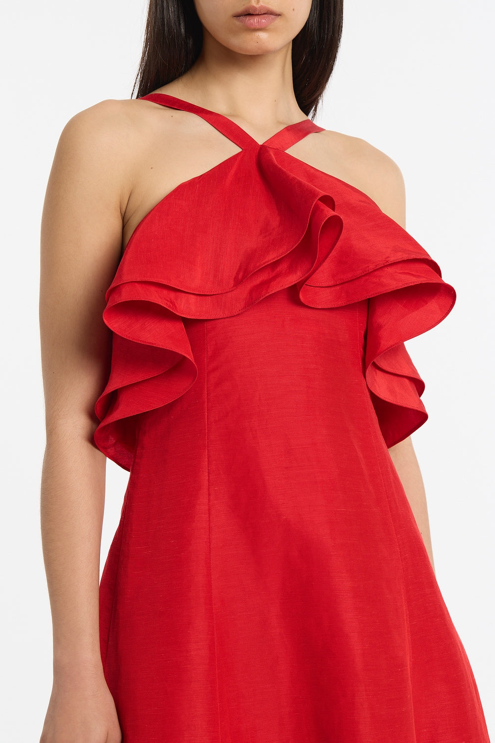 Carla Zampatti Crimson Linen Blend Frill Maxi Dress (Red)
