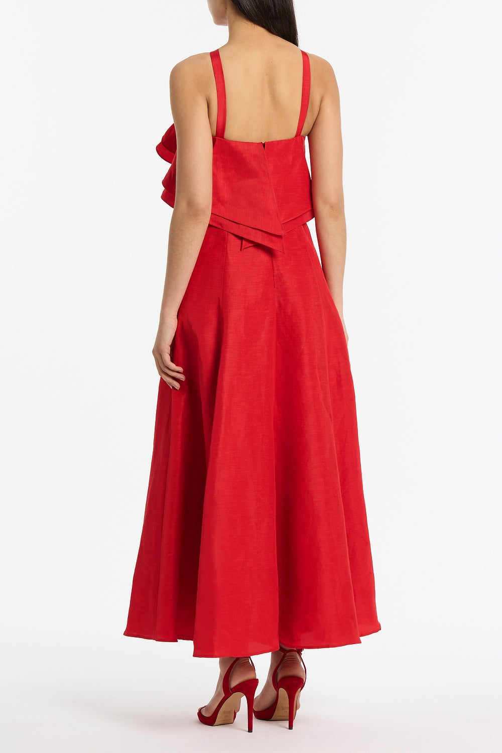 Carla Zampatti Crimson Linen Blend Frill Maxi Dress (Red)
