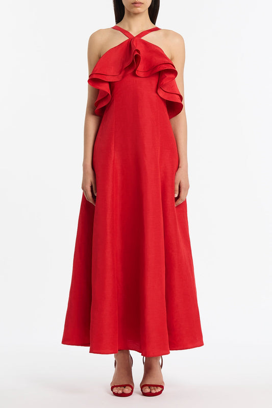 Image of Dresses. Product name - Crimson Linen Blend Frill Maxi Dress in Red colour by brand - Carla Zampatti