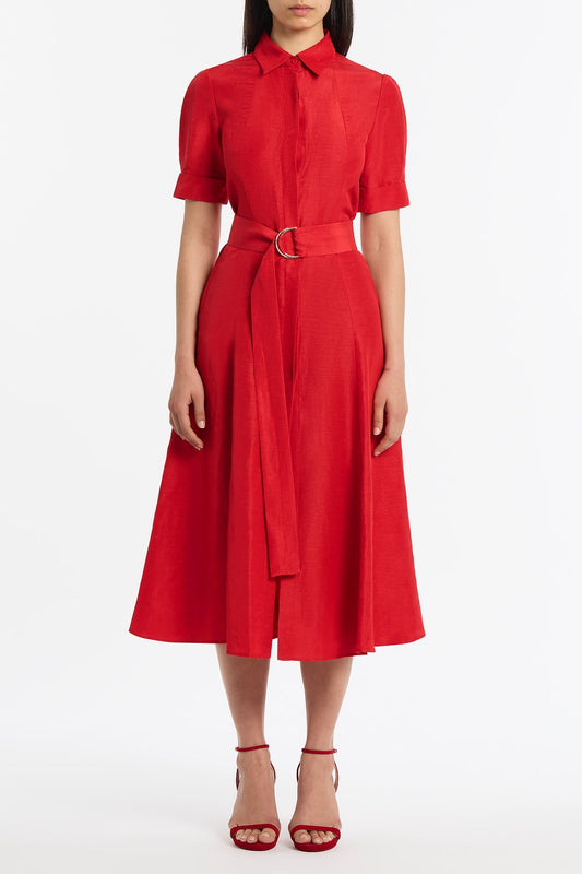 Image of Dresses. Product name - Crimson Linen Blend Shirt Dress in Red colour by brand - Carla Zampatti