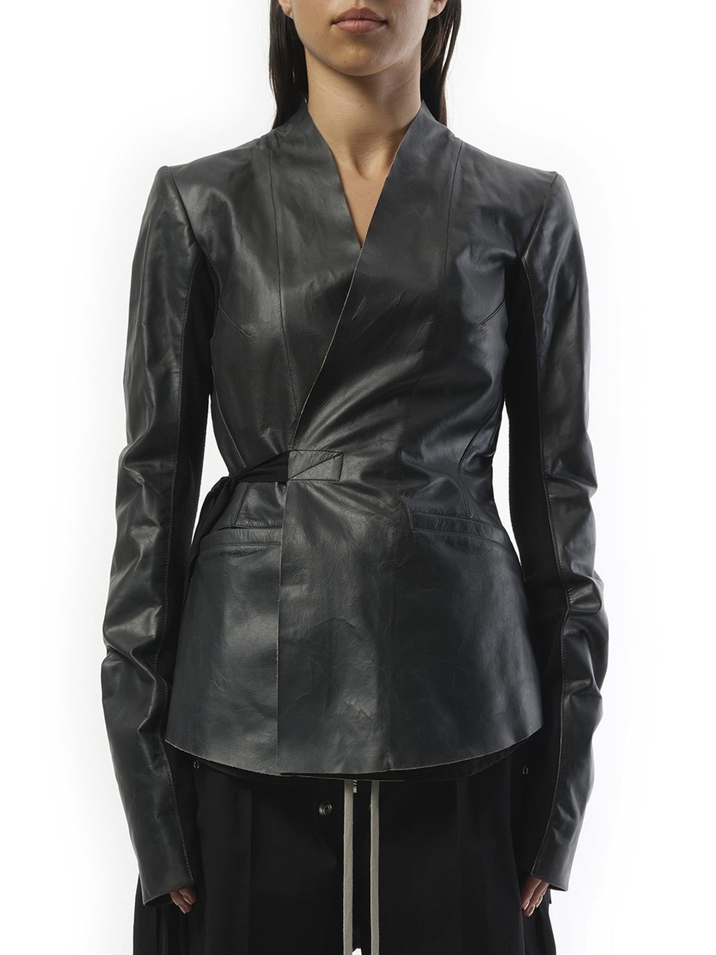 Image of a model wearing Outerwear. Productname: RICK OWENS Hollywood Leather Jacket in Black colour by brand - RICK OWENS