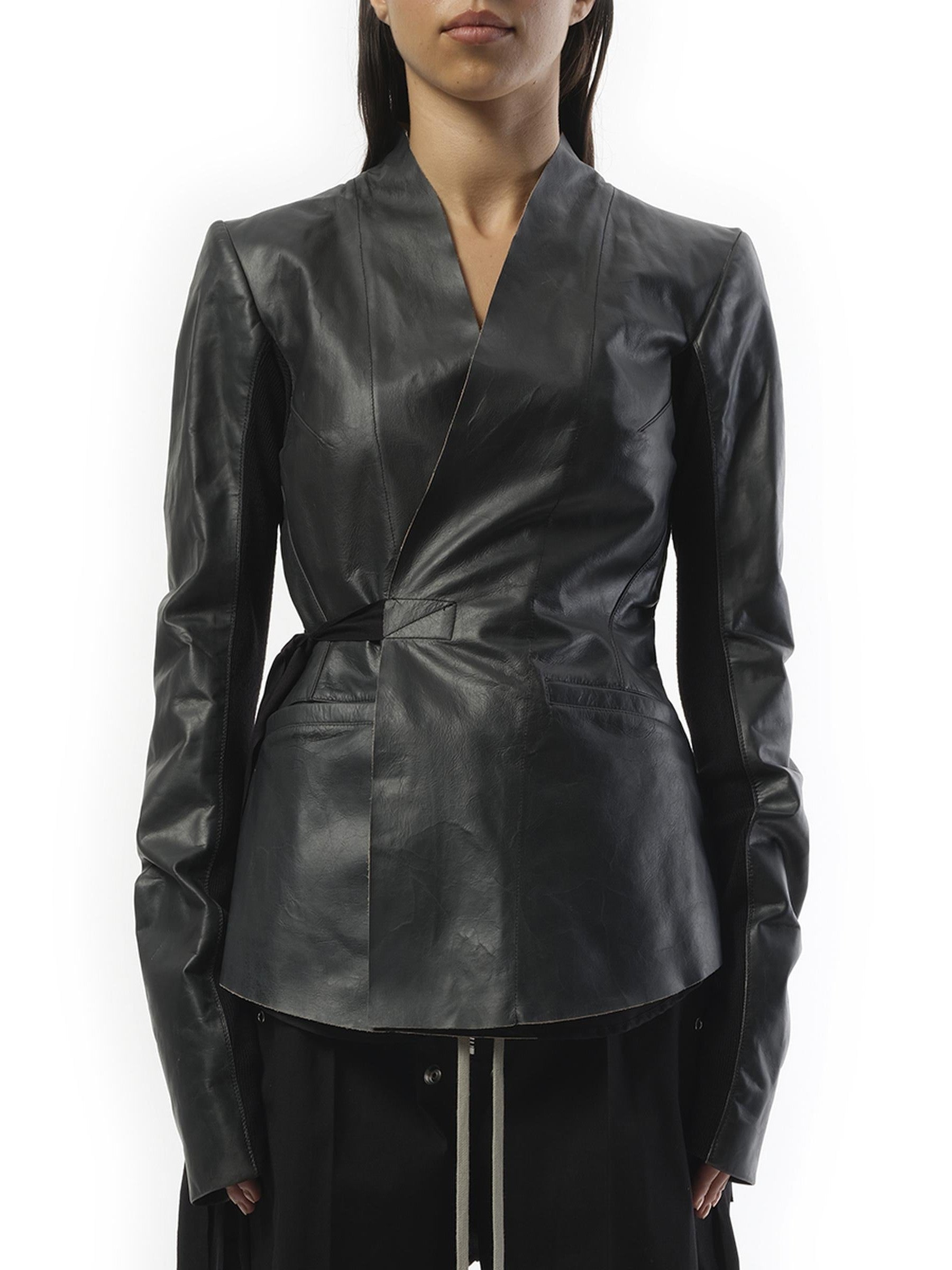 Image of a model wearing Outerwear. Productname: RICK OWENS Hollywood Leather Jacket in Black colour by brand - RICK OWENS
