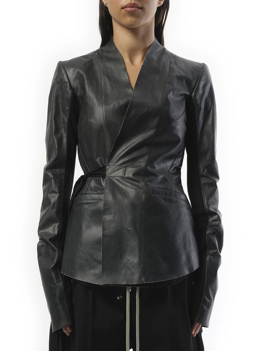 Image of a model wearing Outerwear. Productname: RICK OWENS Hollywood Leather Jacket in Black colour by brand - RICK OWENS