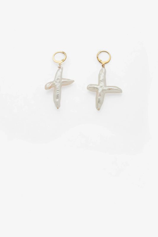 Image of Earrings. Product name - Cross Pearl Earrings in colour by brand - Reliquia Jewellery